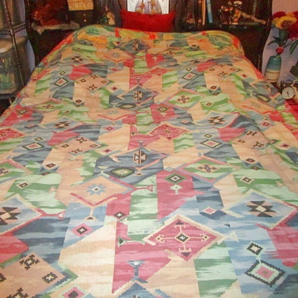 Vtg Southwestern Tablecloth Oval 59" X 77.5" Fabric Patchwork Western 90s Aztec
